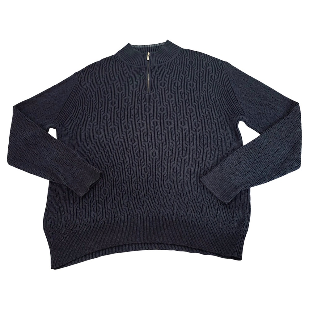 Tommy Bahama Sweater Quarter Zip Mens XL Navy Blue Diamond Textured Knit  Cotton